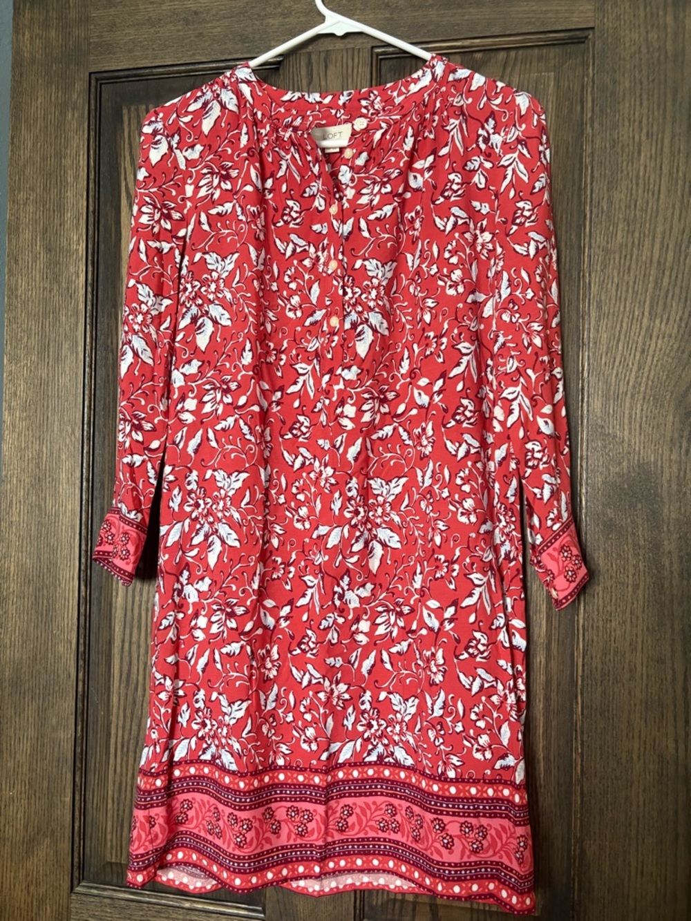 LOFT Red Floral Midi Dress with White Print